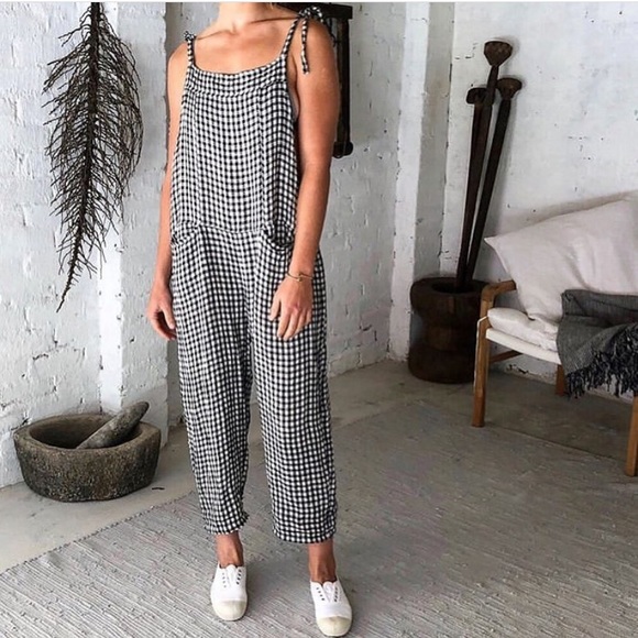 Meg by Design Pants - Meg by Design linen gingham dungarees overalls